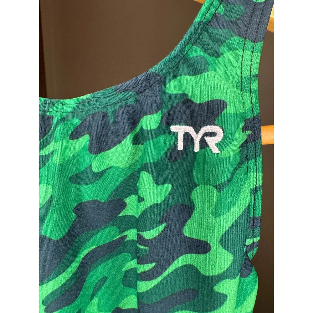 TYR Girls Green Camo One Piece Swimsuit Racerback Performance Swim Size 24
